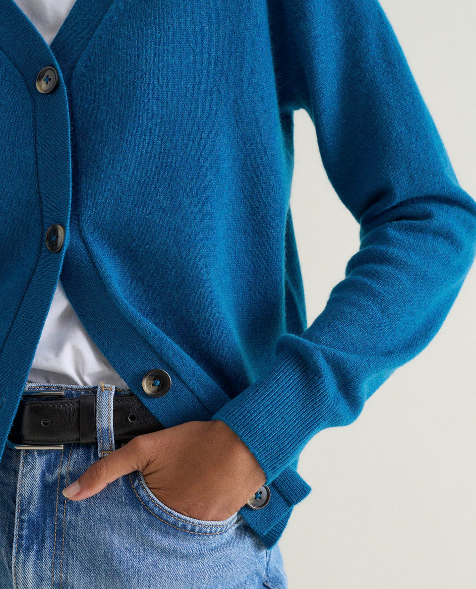 Women's Finest Cashmere Knitted V Neck Cardigan - Viridian Blue