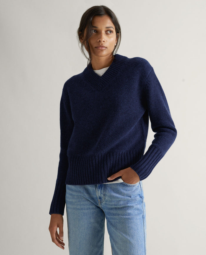 Navy - Women's Cashmere Merino V Neck Jumper