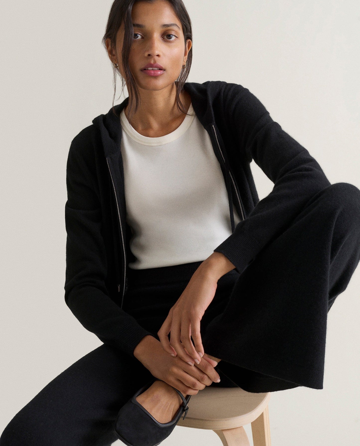 Women's Finest Cashmere Full Zip Hoodie - Black