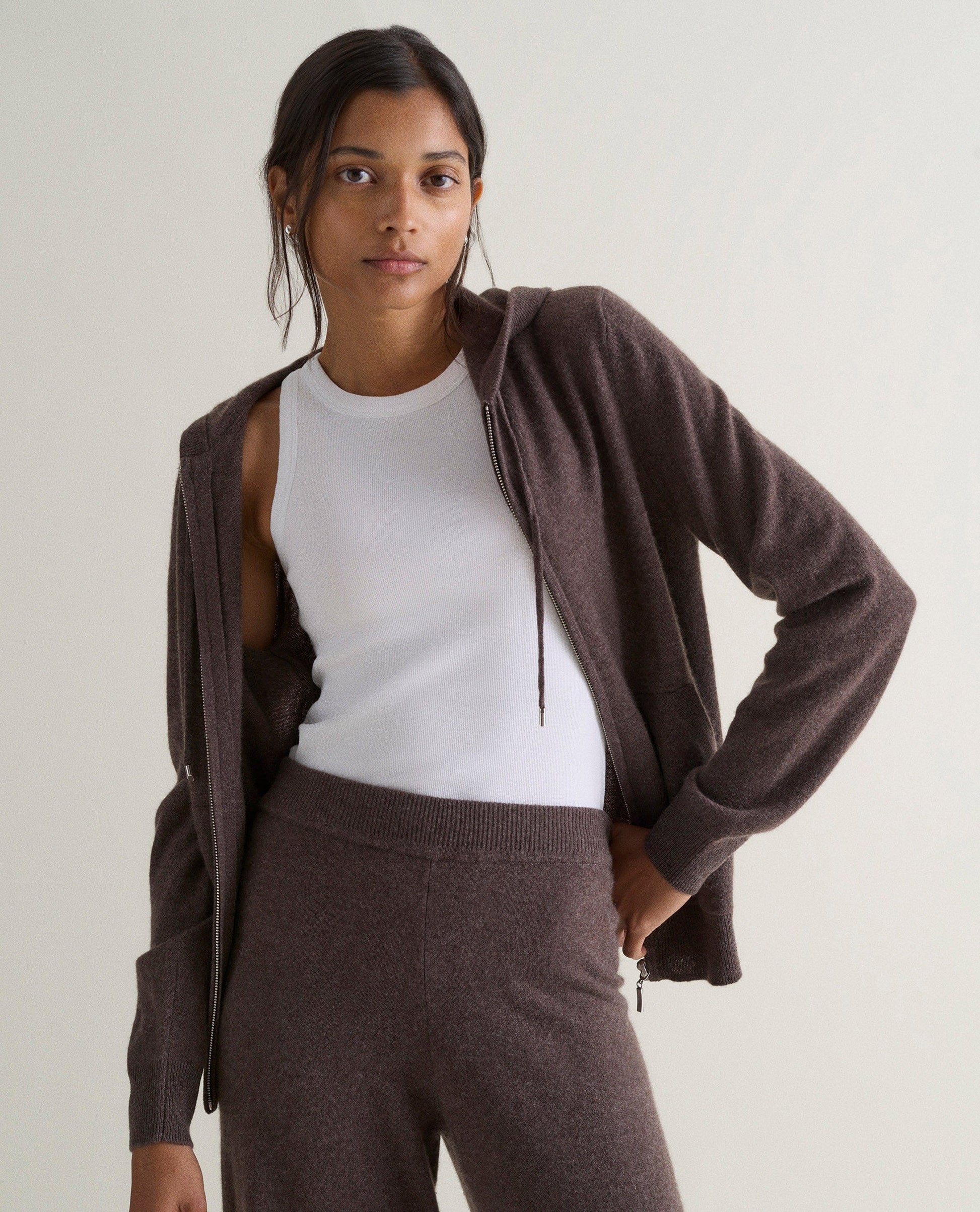 Women's Finest Cashmere Full Zip Hoodie - Chocolate