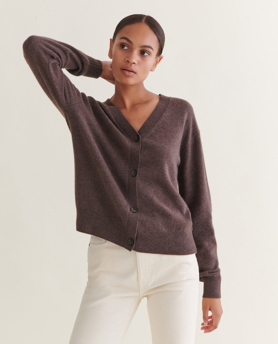 Women's Finest Cashmere Knitted V Neck Cardigan - Chocolate