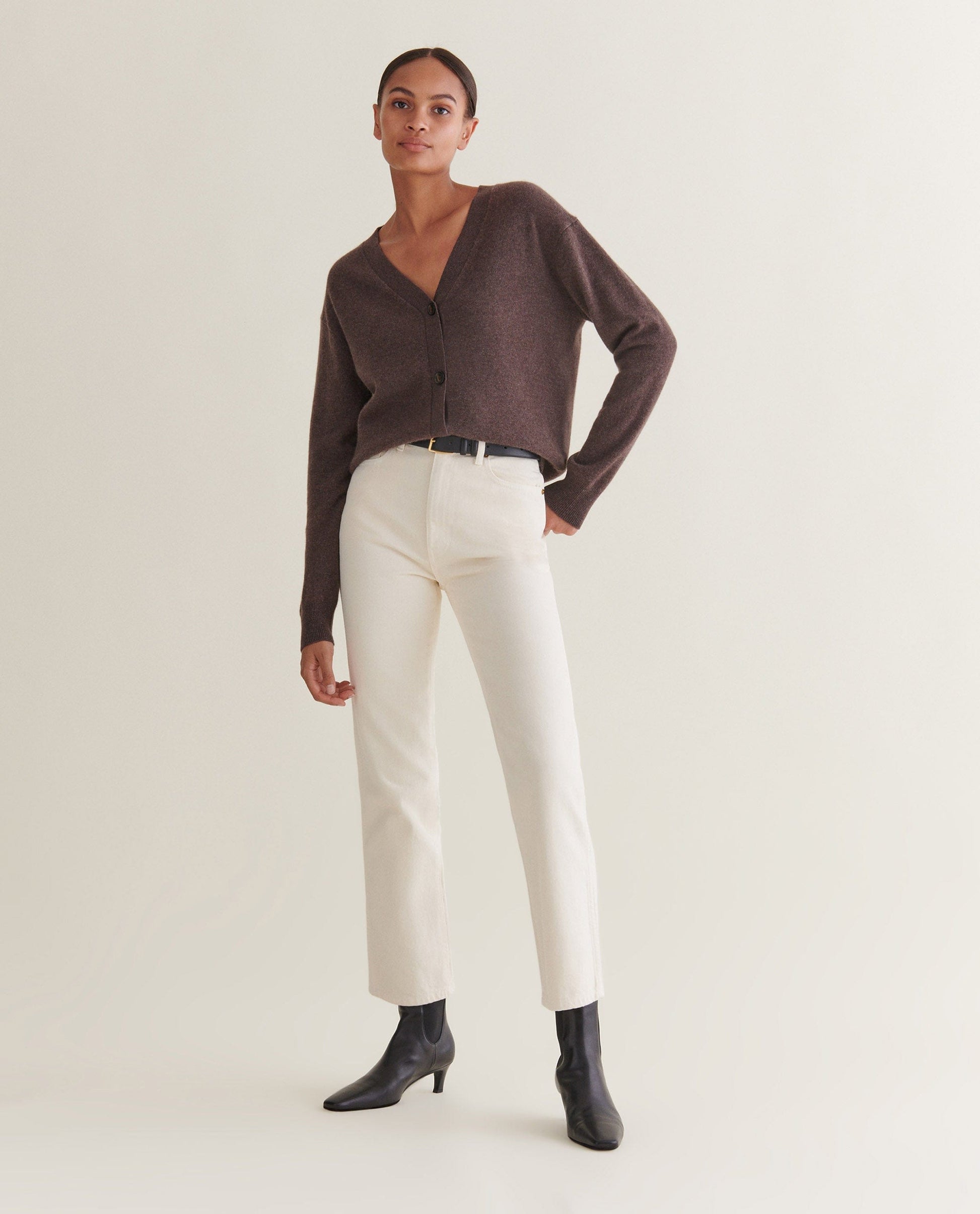 Women's Finest Cashmere Knitted V Neck Cardigan - Chocolate