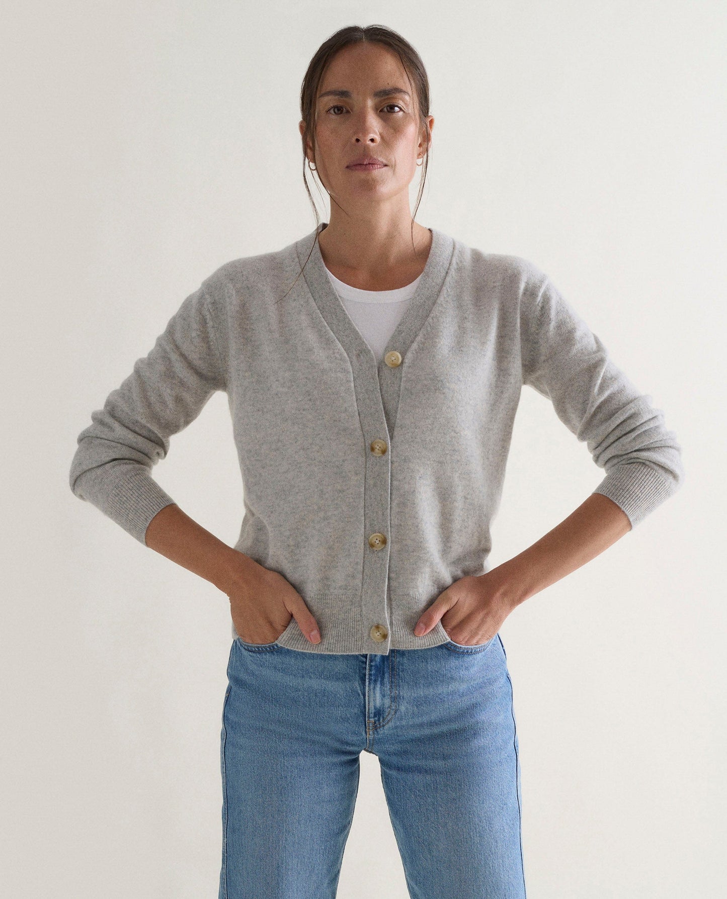 Women's Finest Cashmere Knitted V Neck Cardigan - Grey