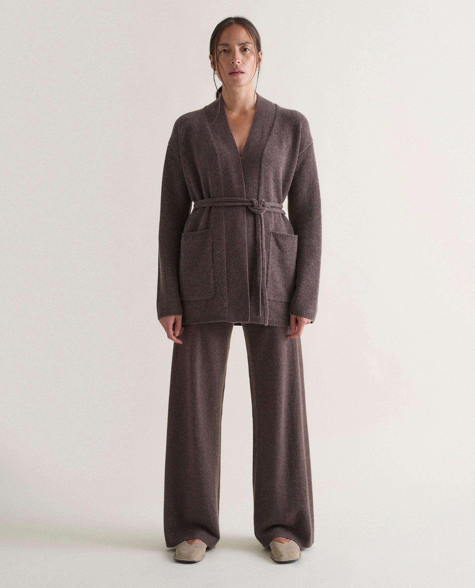 Women's Cashmere Merino Belted Cardigan - Chocolate