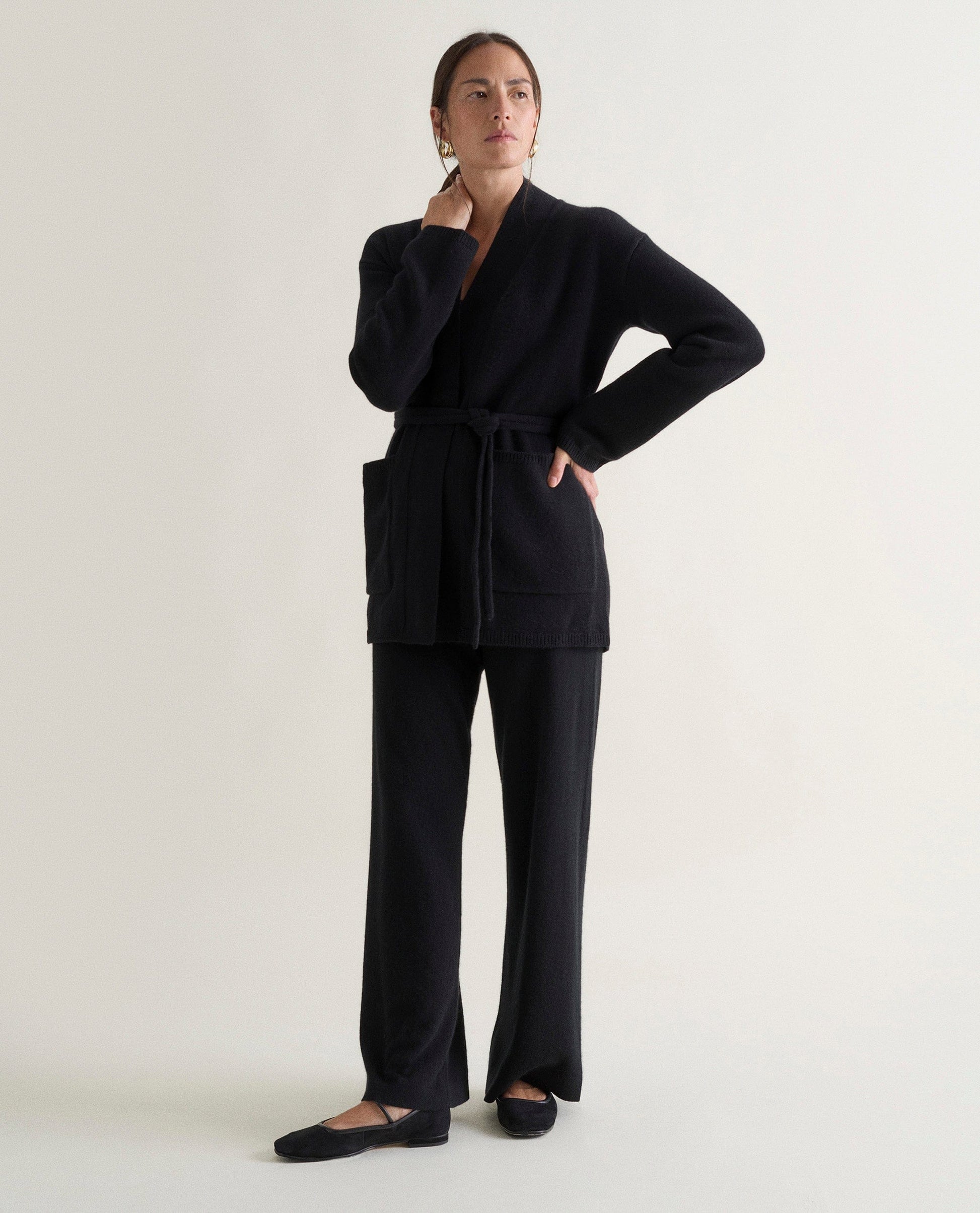 Women's Cashmere Merino Belted Cardigan - Black