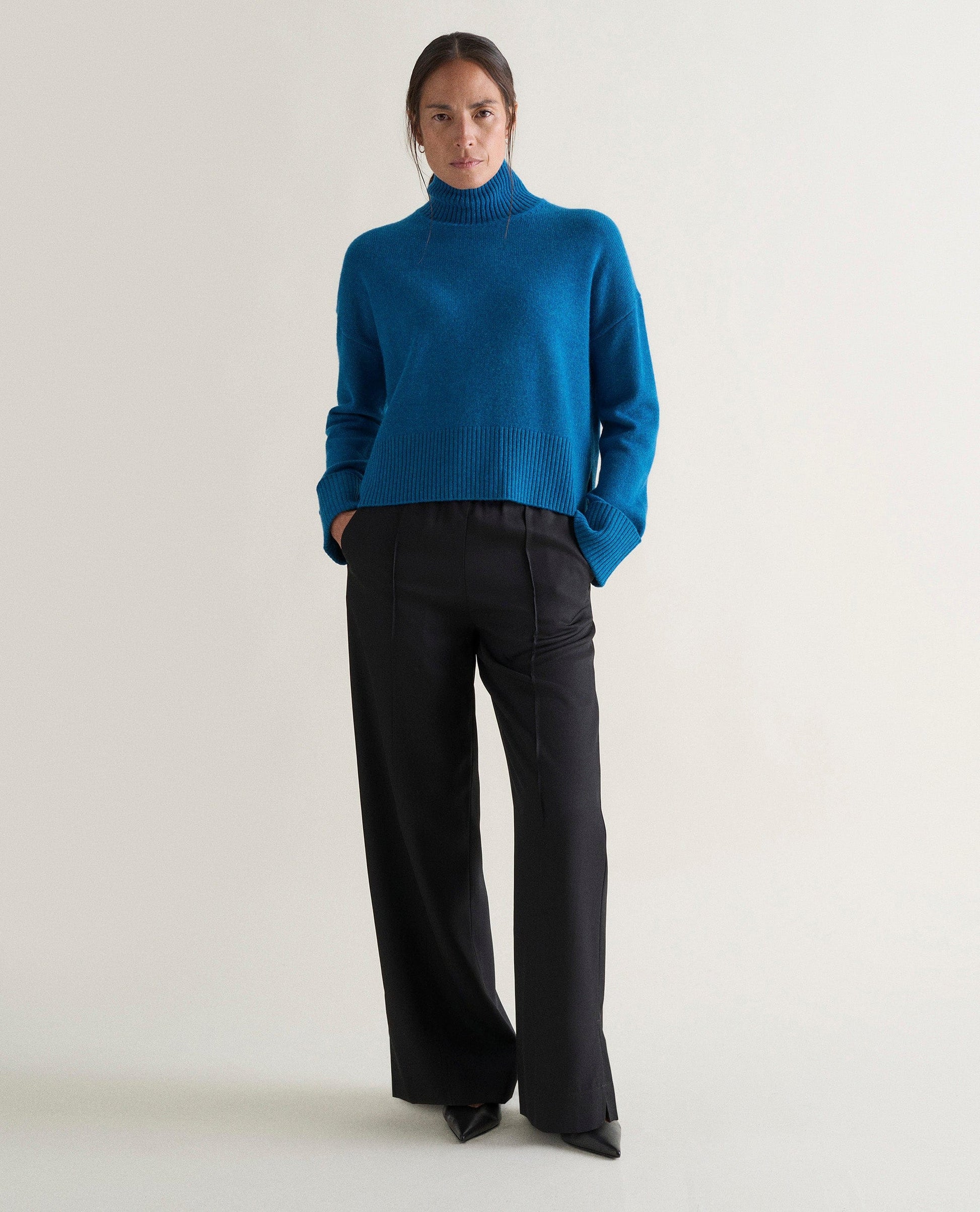 Women's Cashmere Merino High Neck Jumper - Viridian Blue