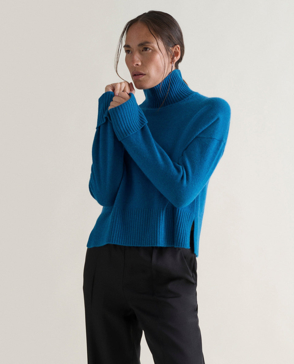 Women's Cashmere Merino High Neck Jumper - Viridian Blue