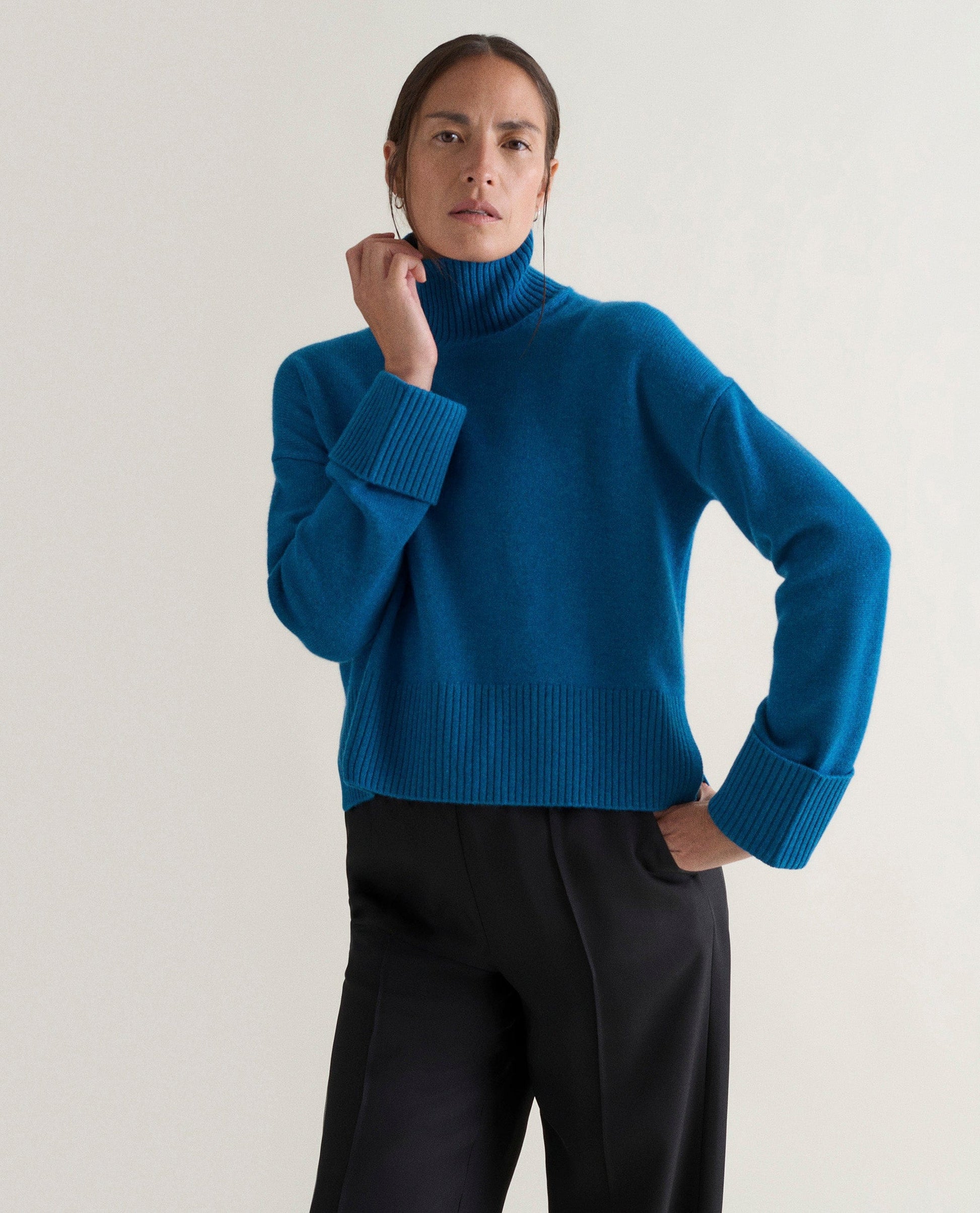 Women's Cashmere Merino High Neck Jumper - Viridian Blue