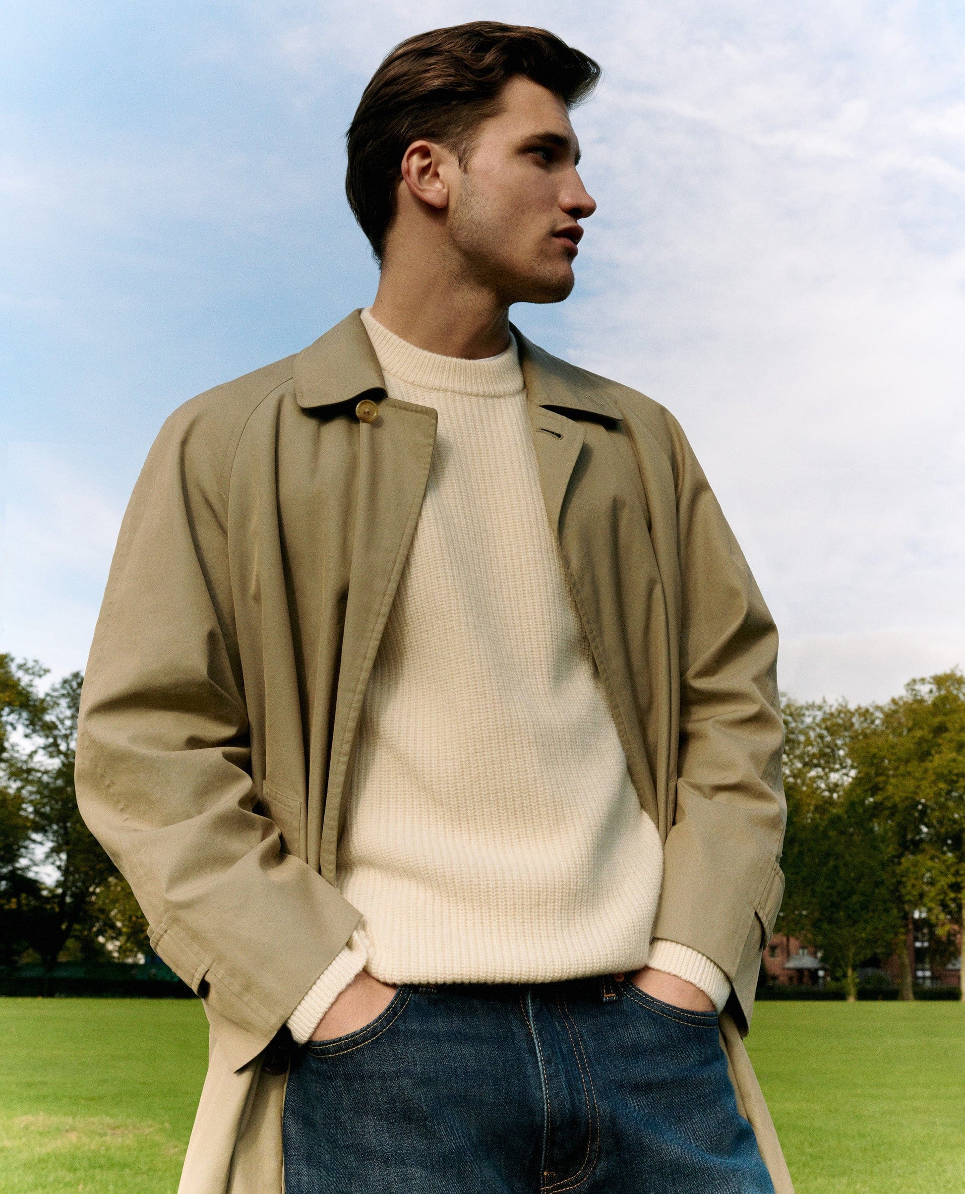 Men's Cashmere Merino Fishermans Rib Crew Neck Jumper - Buttermilk