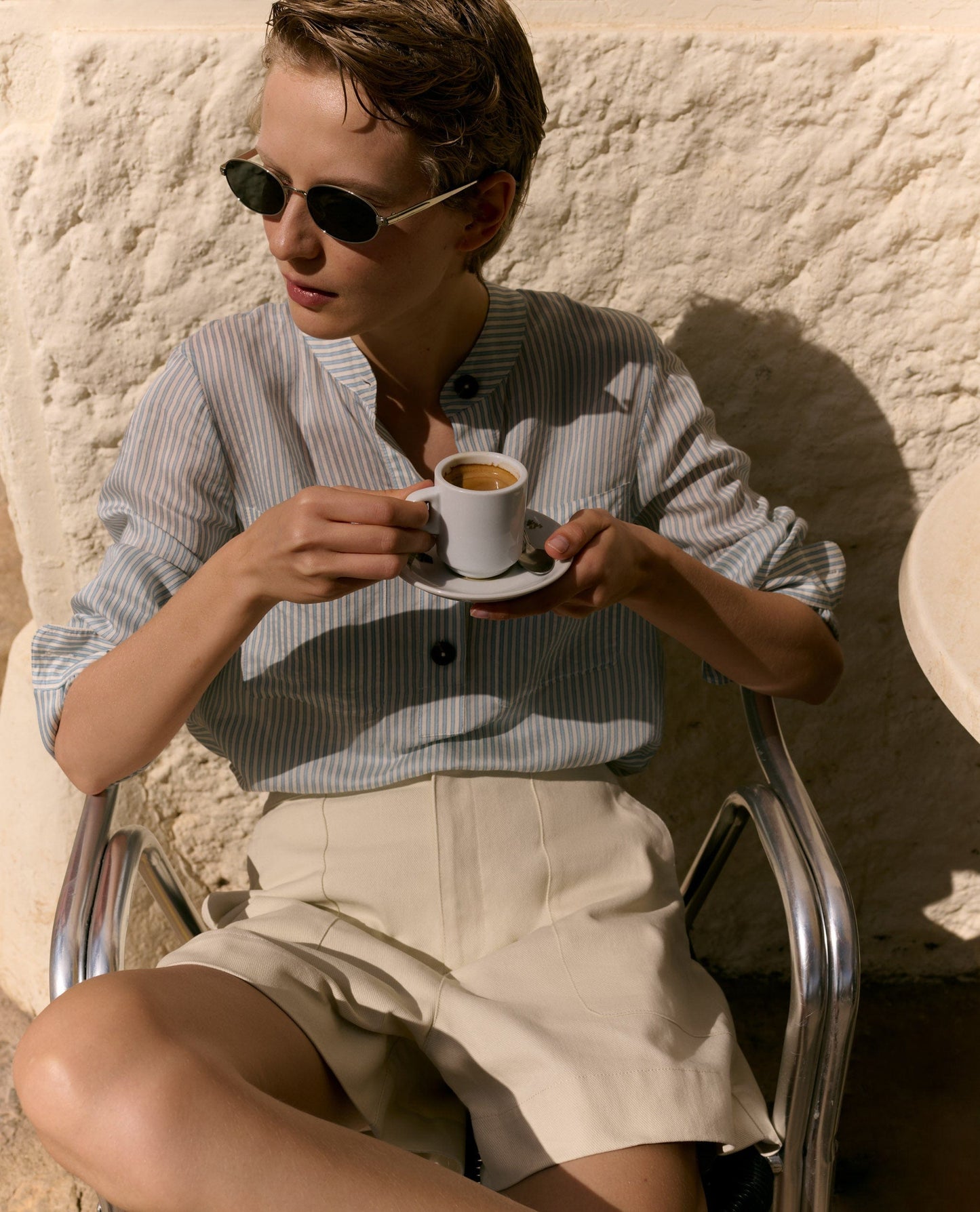 Women's Silk Stripe Grandad Collar Blouse - Blue Stripe