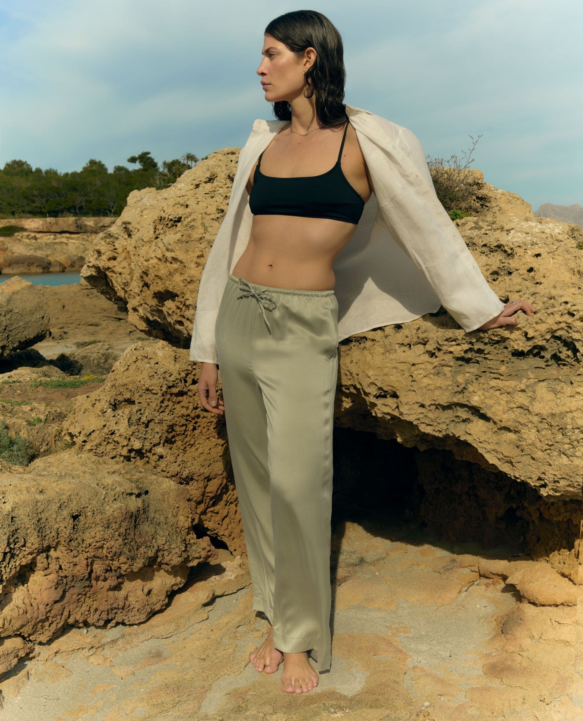 Women's Easy-Sandwashed Silk Wide Leg Trousers - Dried Sage