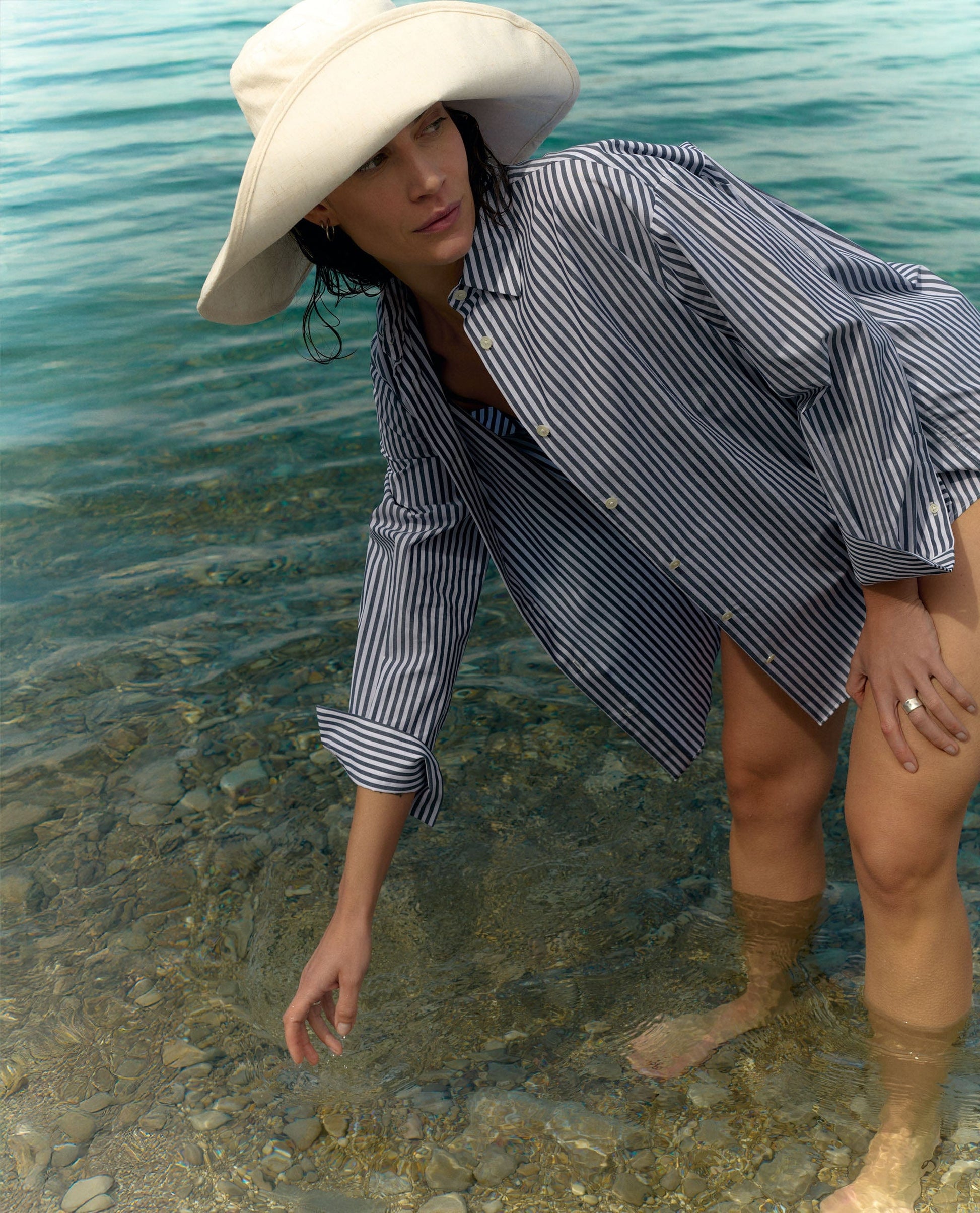 Women's Organic Cotton Poplin Shirt - Navy Stripe