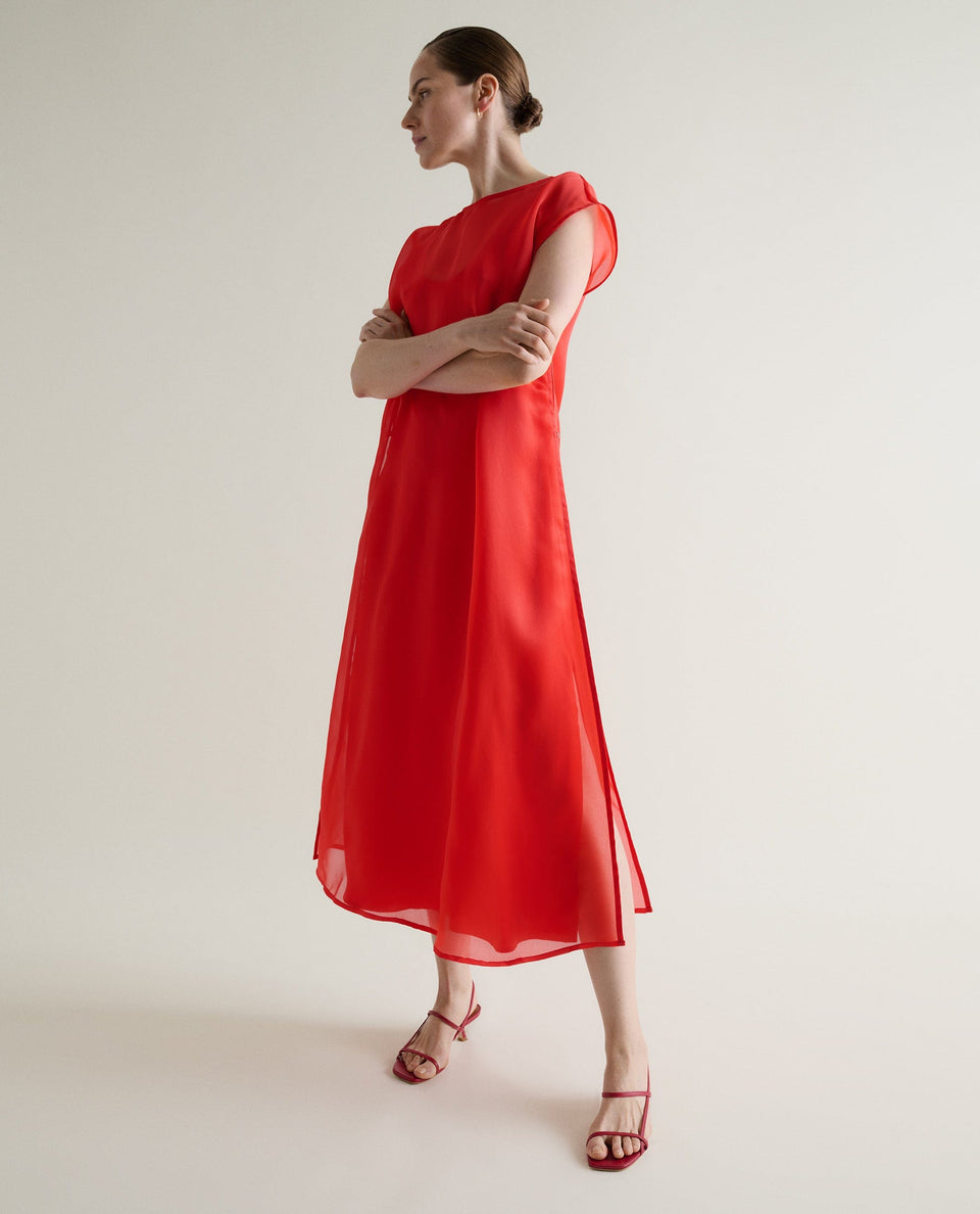 Women's Silk Organza Layered Dress - Red