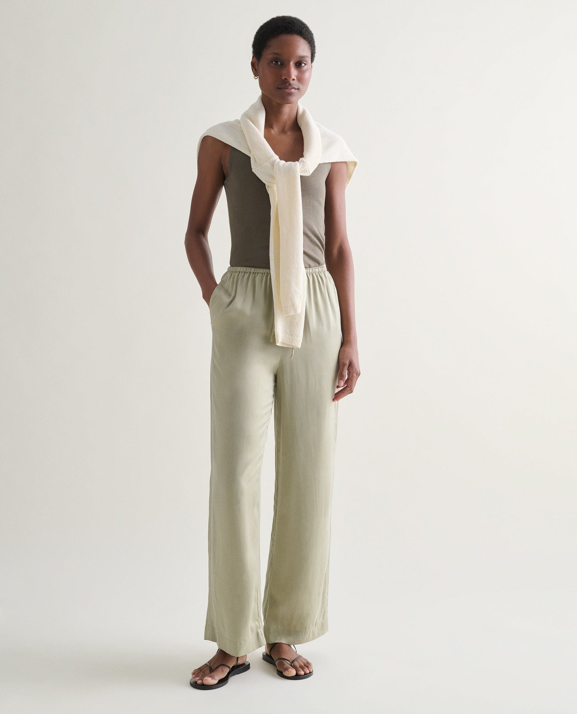 Women's Easy-Sandwashed Silk Wide Leg Trousers - Dried Sage