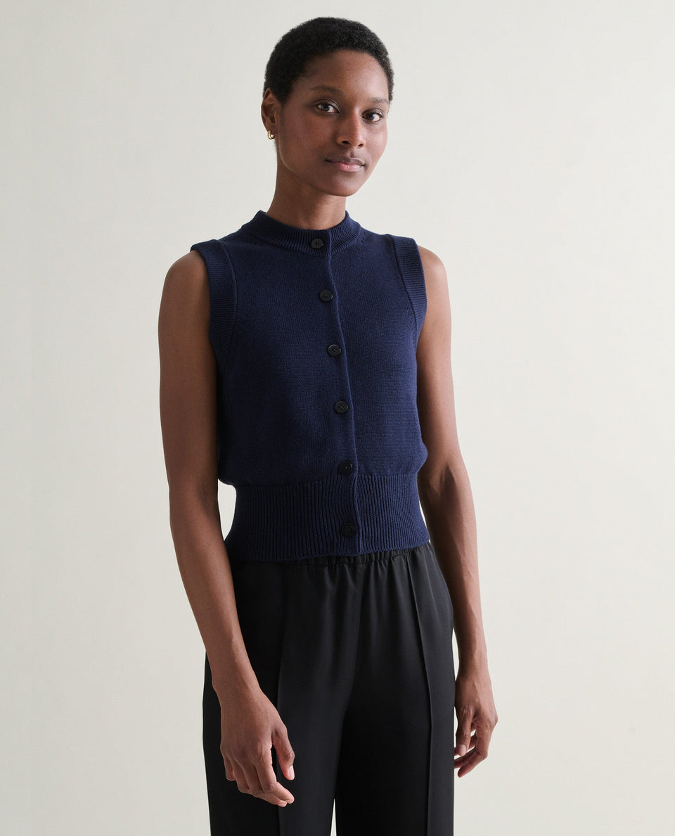 Women's Silk-Cotton Button Vest - Navy