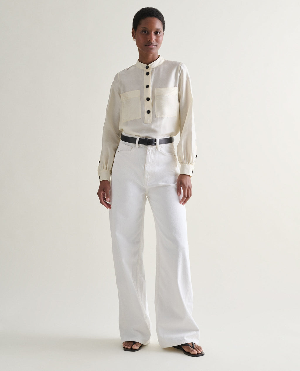' s Silk Dupion Grandad Collar Blouse Alabaster