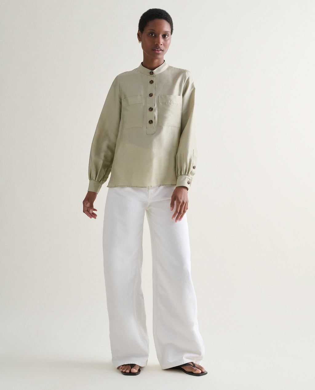 ' s Silk Dupion Grandad Collar Blouse Dried Sage