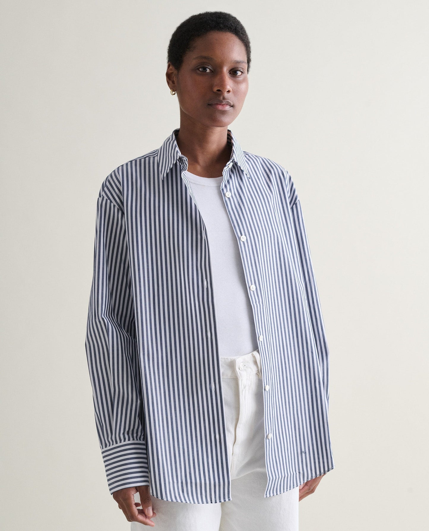 Women's Organic Cotton Poplin Shirt - Navy Stripe