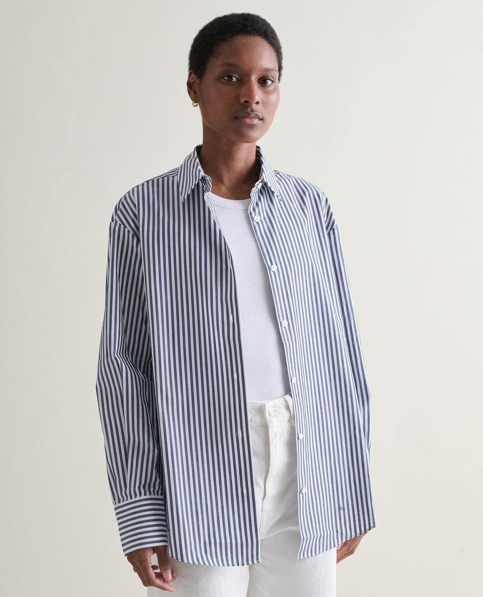 Women's Organic Cotton Poplin Shirt - Navy Stripe
