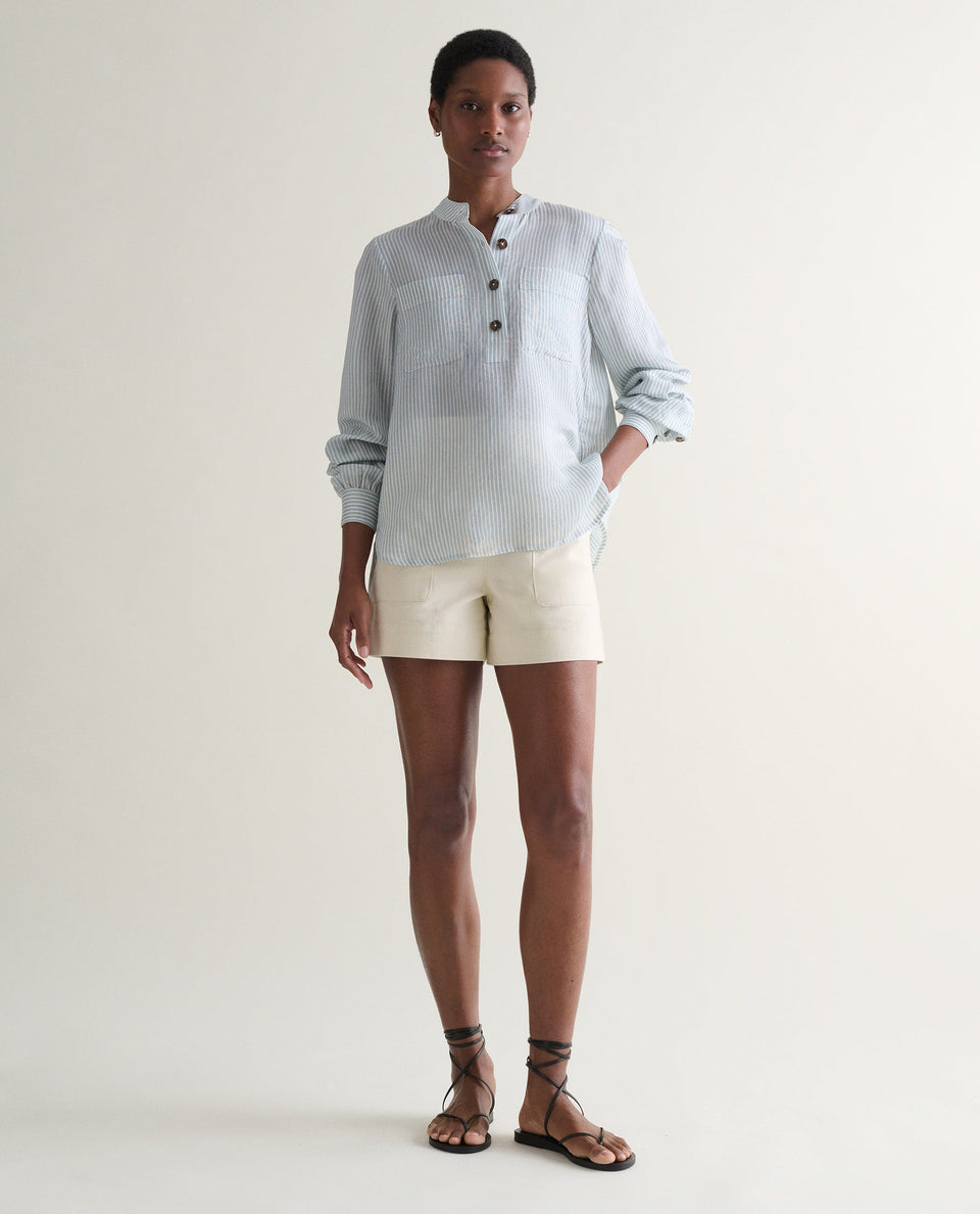 Women's Silk Stripe Grandad Collar Blouse - Blue Stripe