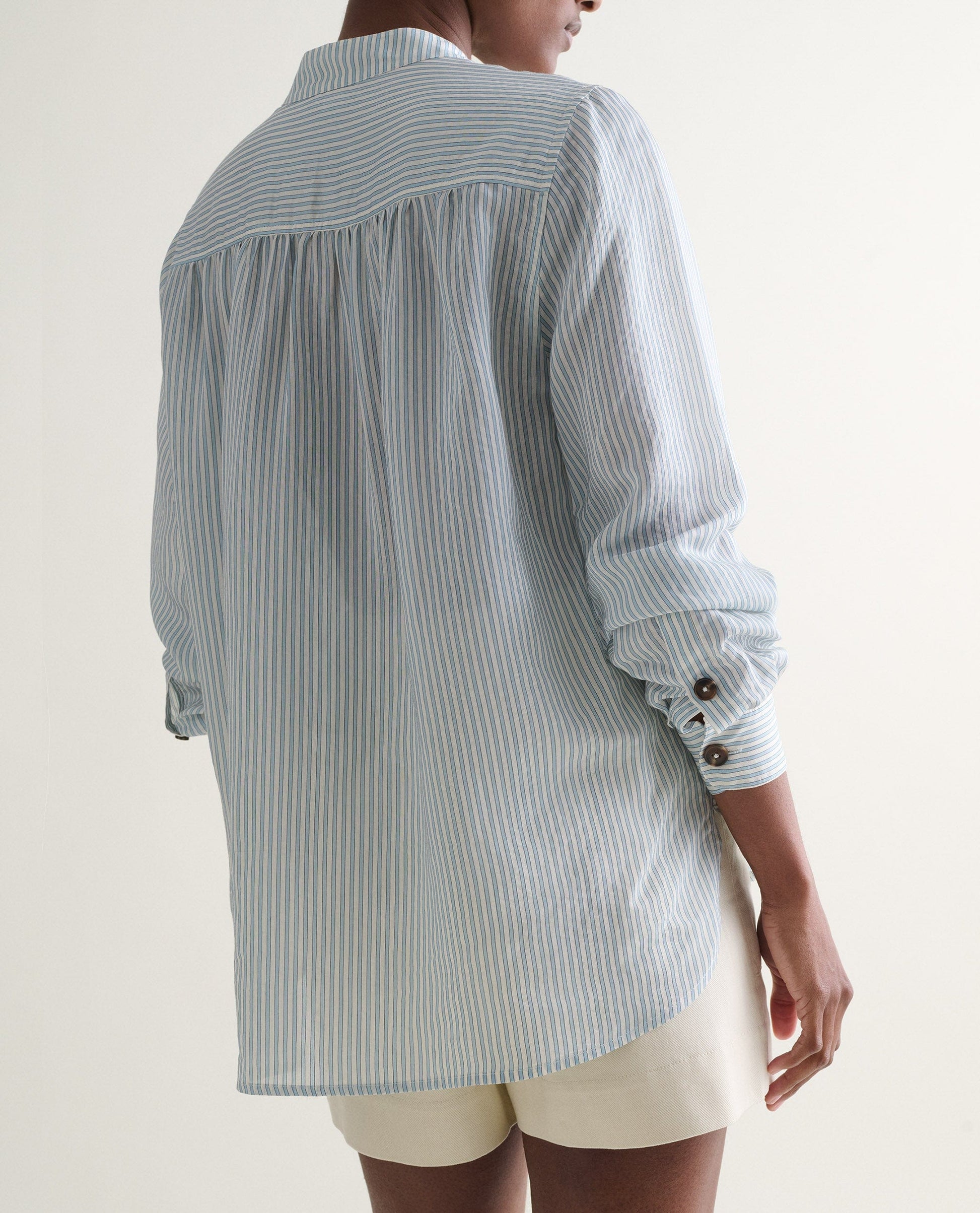 Women's Silk Stripe Grandad Collar Blouse - Blue Stripe