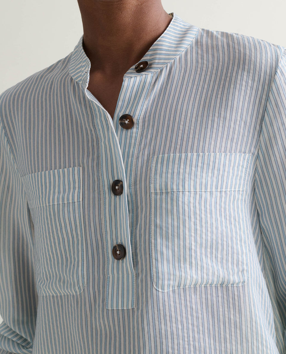 Women's Silk Stripe Grandad Collar Blouse - Blue Stripe