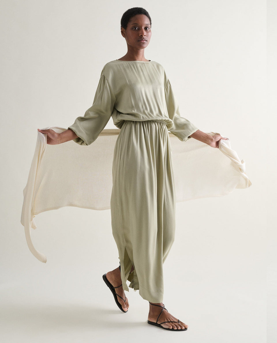 Women's Gathered Waist Easy-Silk Dress - Dried Sage