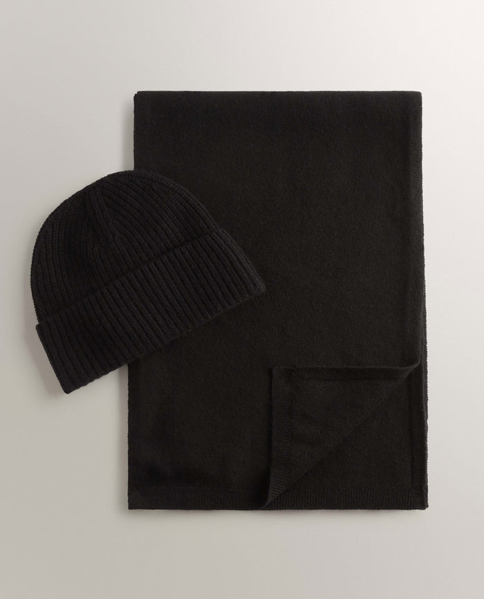 Black - Cashmere Merino Ribbed Knit Beanie & Finest Cashmere Scarf Bundle