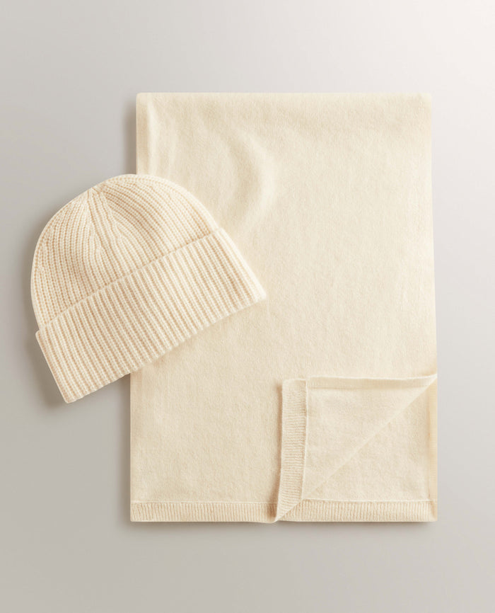 Buttermilk - Cashmere Merino Ribbed Knit Beanie & Finest Cashmere Scarf Bundle