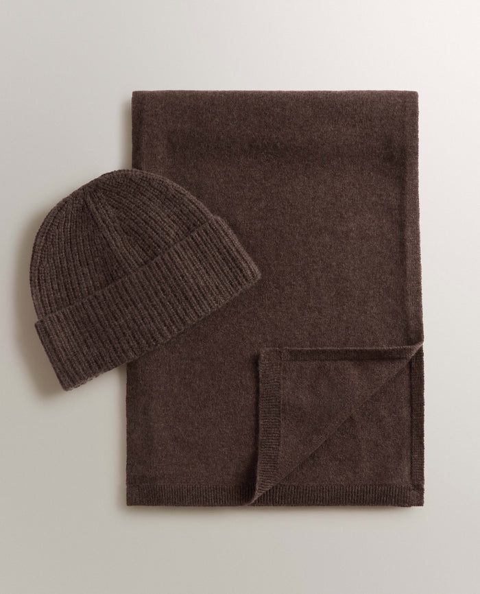 Chocolate - Cashmere Merino Ribbed Knit Beanie & Finest Cashmere Scarf Bundle