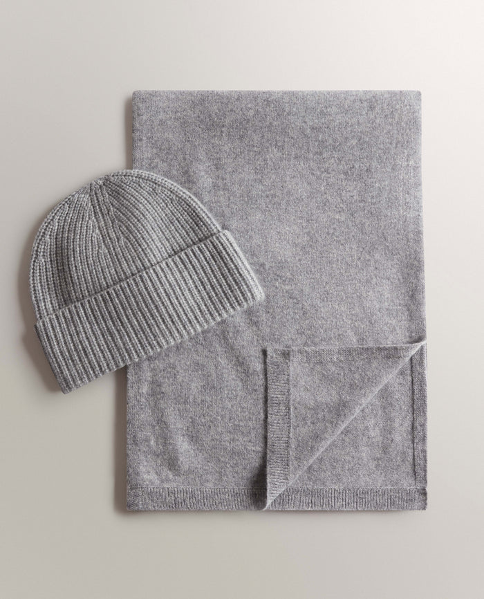 Medium Grey - Cashmere Merino Ribbed Knit Beanie & Finest Cashmere Scarf Bundle