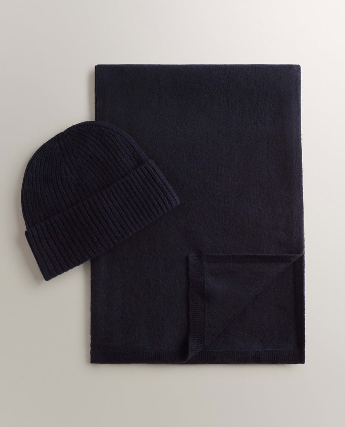 Navy - Cashmere Merino Ribbed Knit Beanie & Finest Cashmere Scarf Bundle