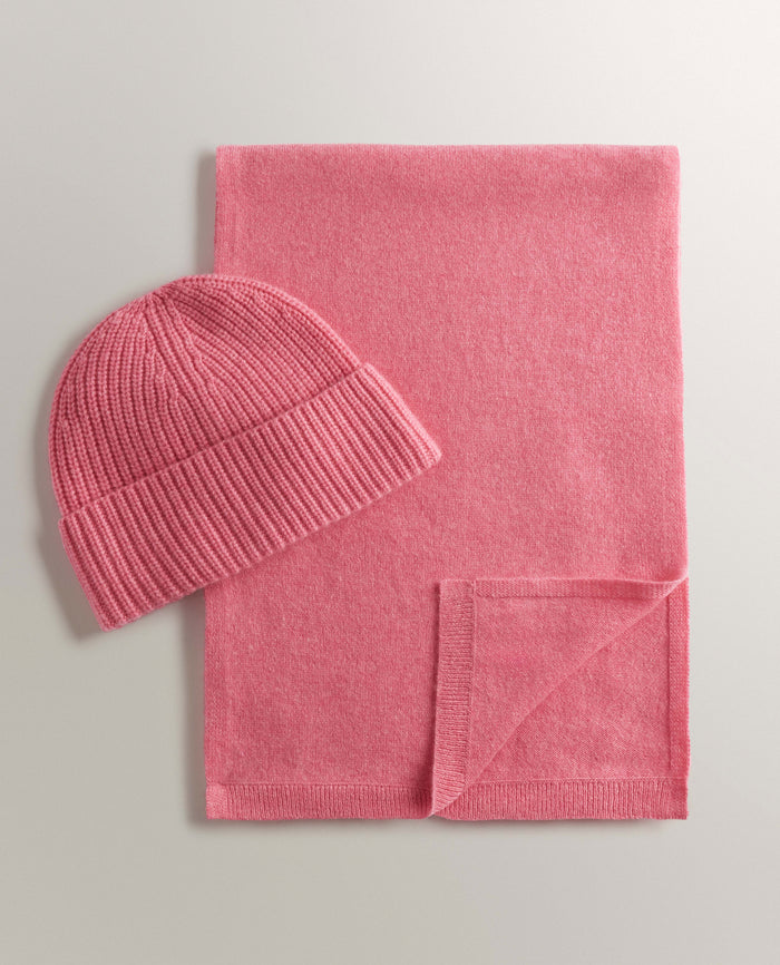 Pink - Cashmere Merino Ribbed Knit Beanie & Finest Cashmere Scarf Bundle