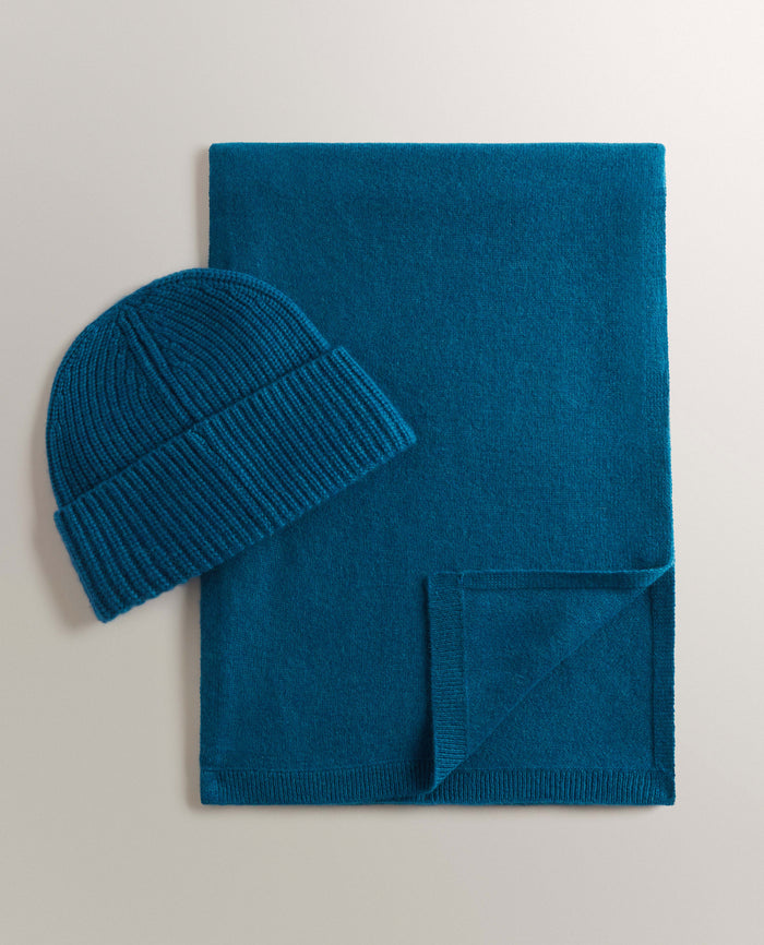 Viridian Blue - Cashmere Merino Ribbed Knit Beanie & Finest Cashmere Scarf Bundle