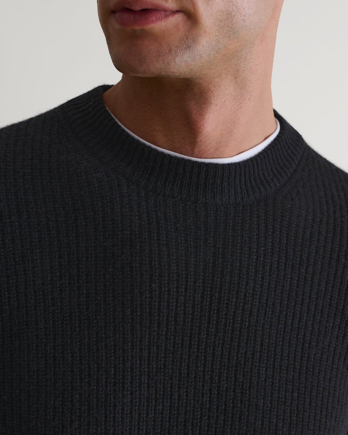 Men's Cashmere Merino Fishermans Rib Crew Neck Jumper - Black