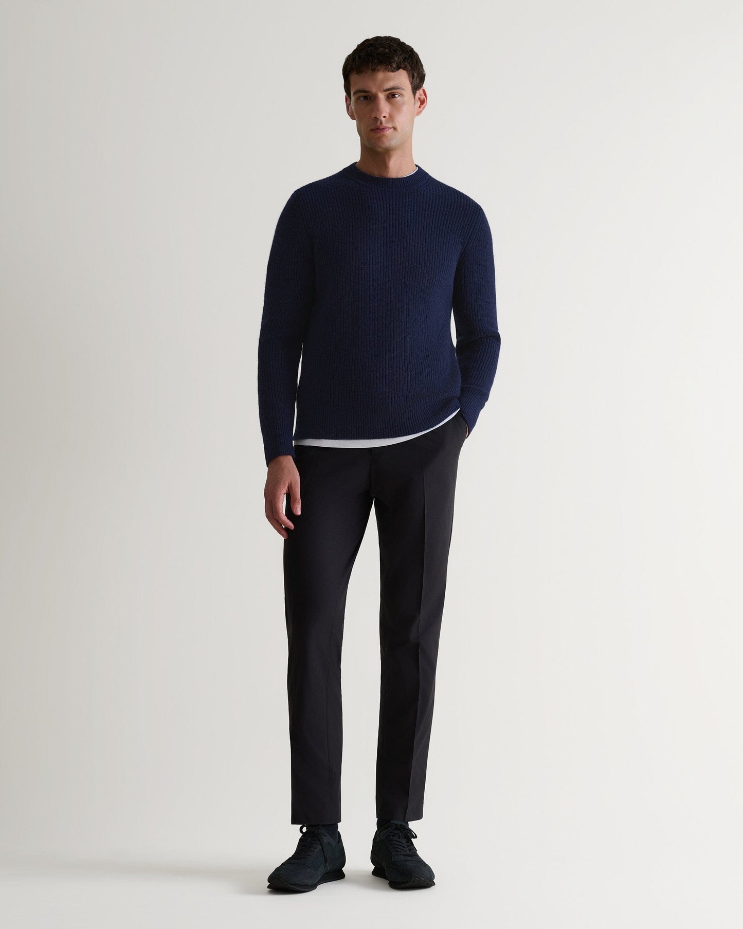 Men's Cashmere Merino Fishermans Rib Crew Neck Jumper - Navy