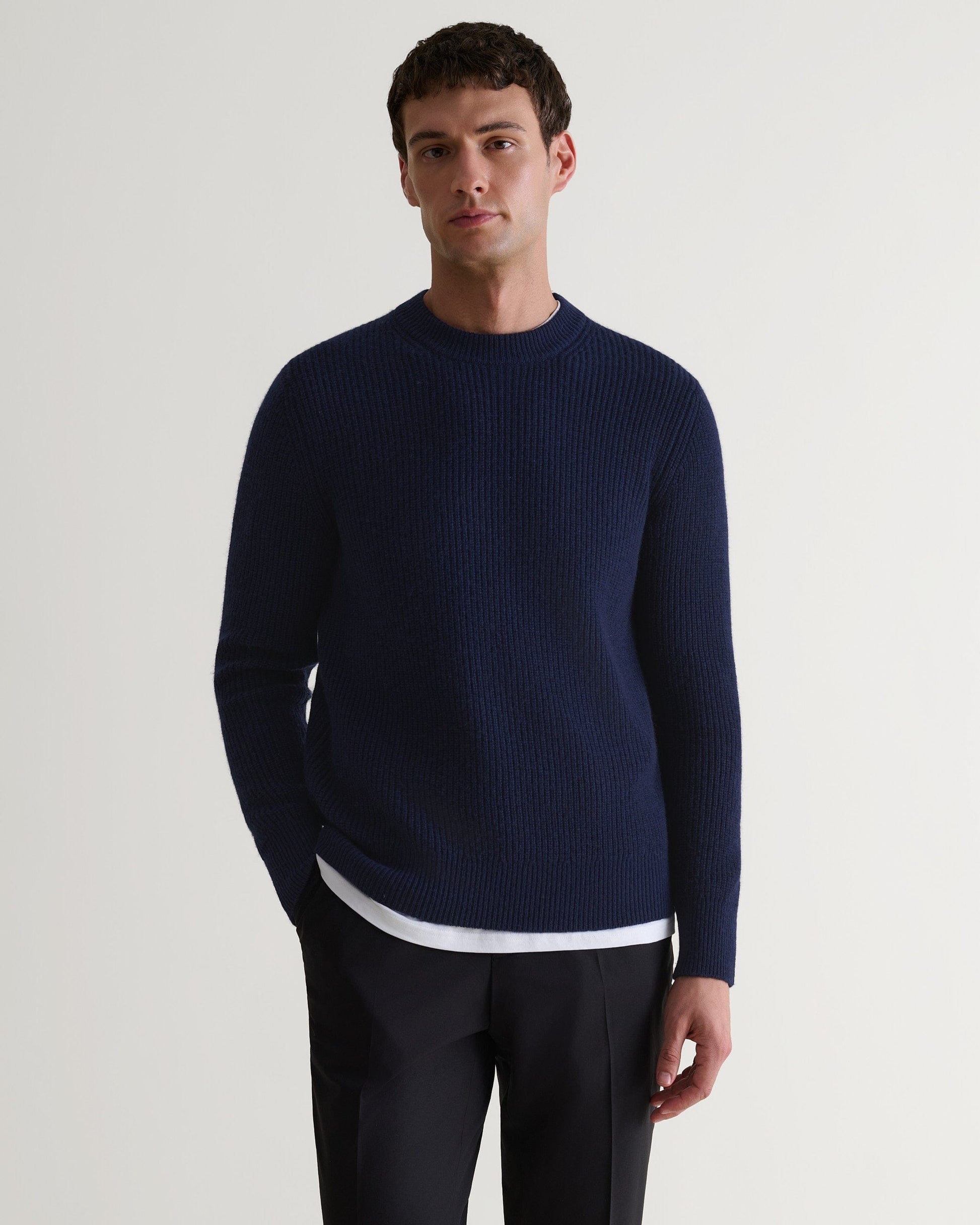 Navy Cashmere Merino Fishermans Rib Crew Neck Jumper Rise Fall