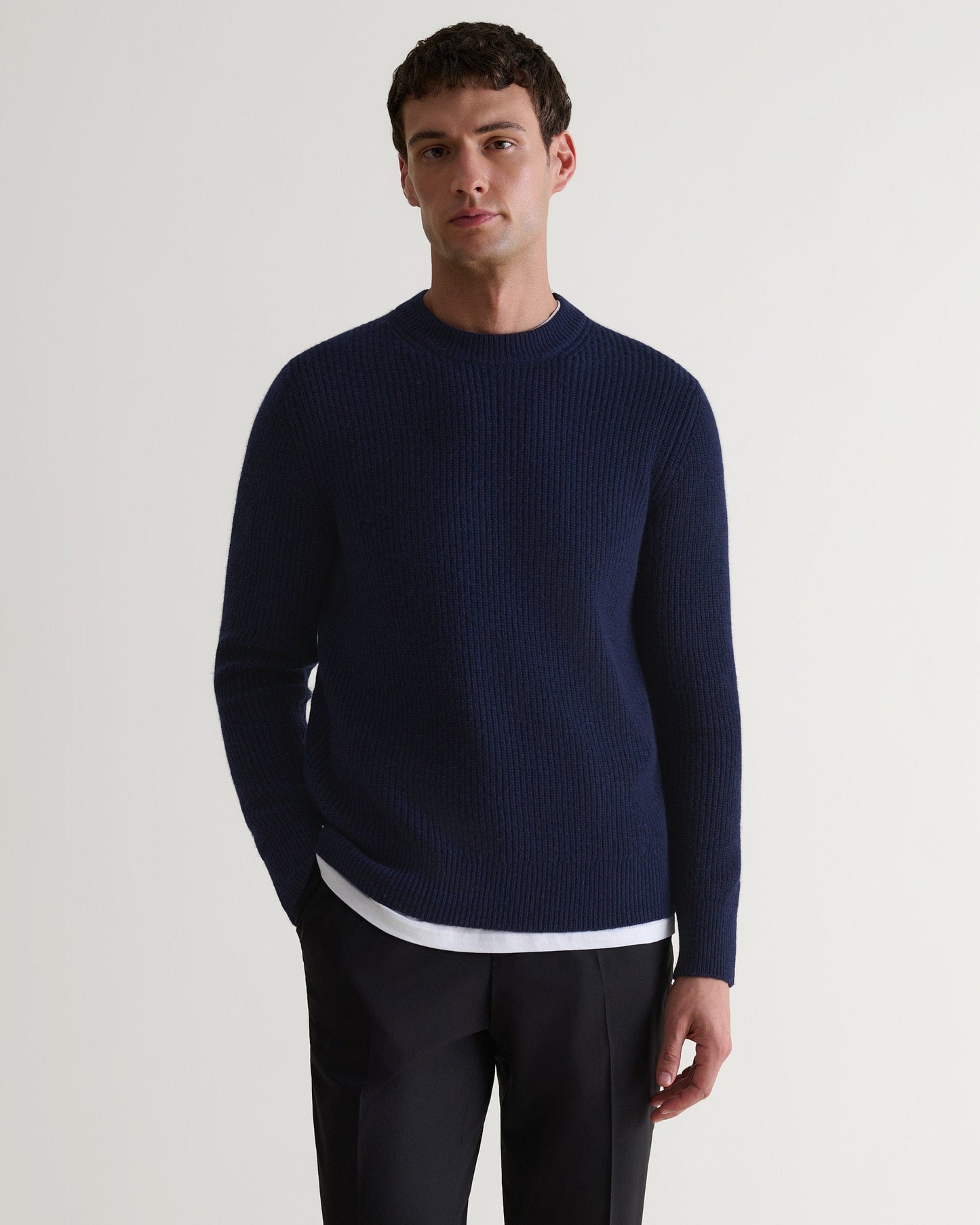 Men's Cashmere Merino Fishermans Rib Crew Neck Jumper - Navy