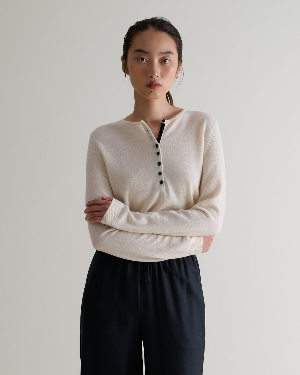 Women's Cashmere Merino Henley Jumper - Buttermilk-[colour]-[size]-Rise &amp; Fall