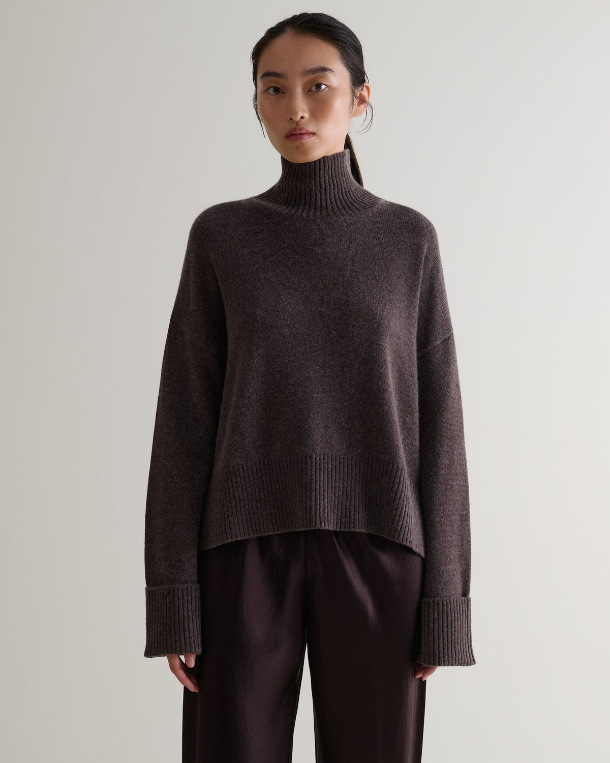Women's Cashmere Merino High Neck Jumper - Chocolate