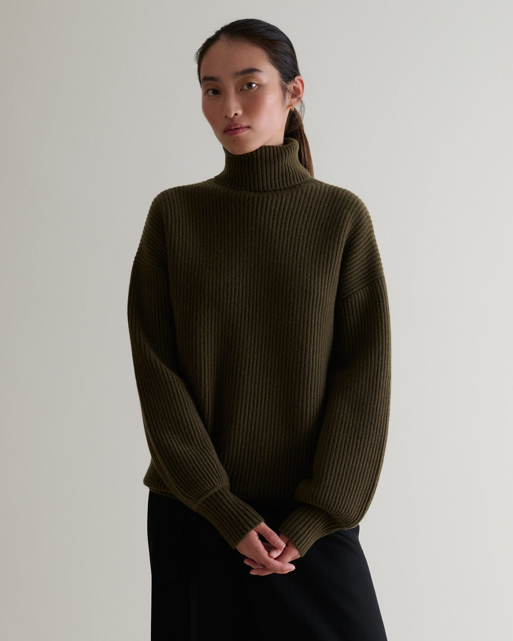 Rise & Fall: Cashmere Merino Ottoman Ribbed Roll Neck Jumper - Military Green