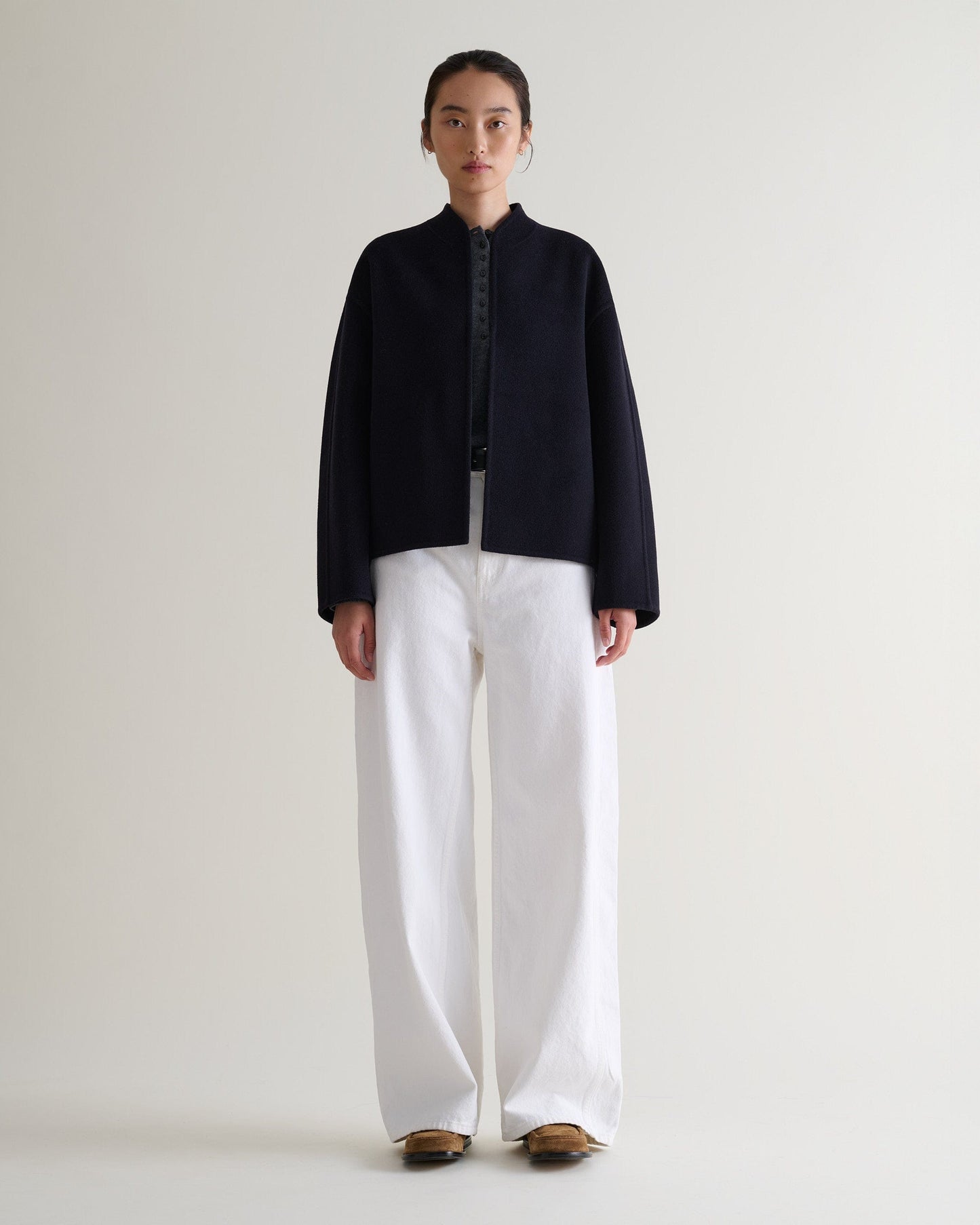 Women's Cashmere Wool Double Faced Scarf Jacket - Navy-[colour]-[size]-Rise &amp; Fall