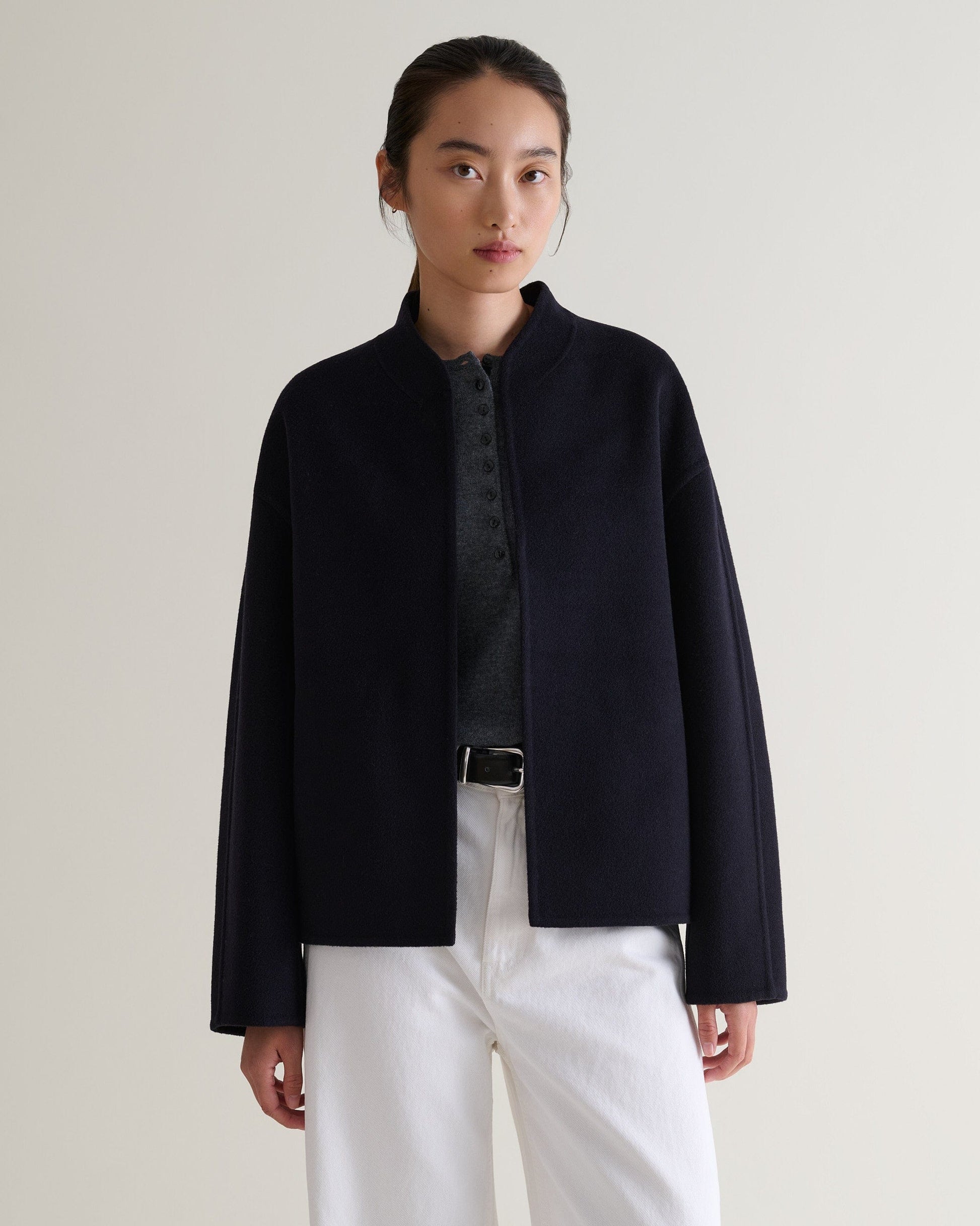 Women's Cashmere Wool Double Faced Scarf Jacket - Navy-[colour]-[size]-Rise &amp; Fall