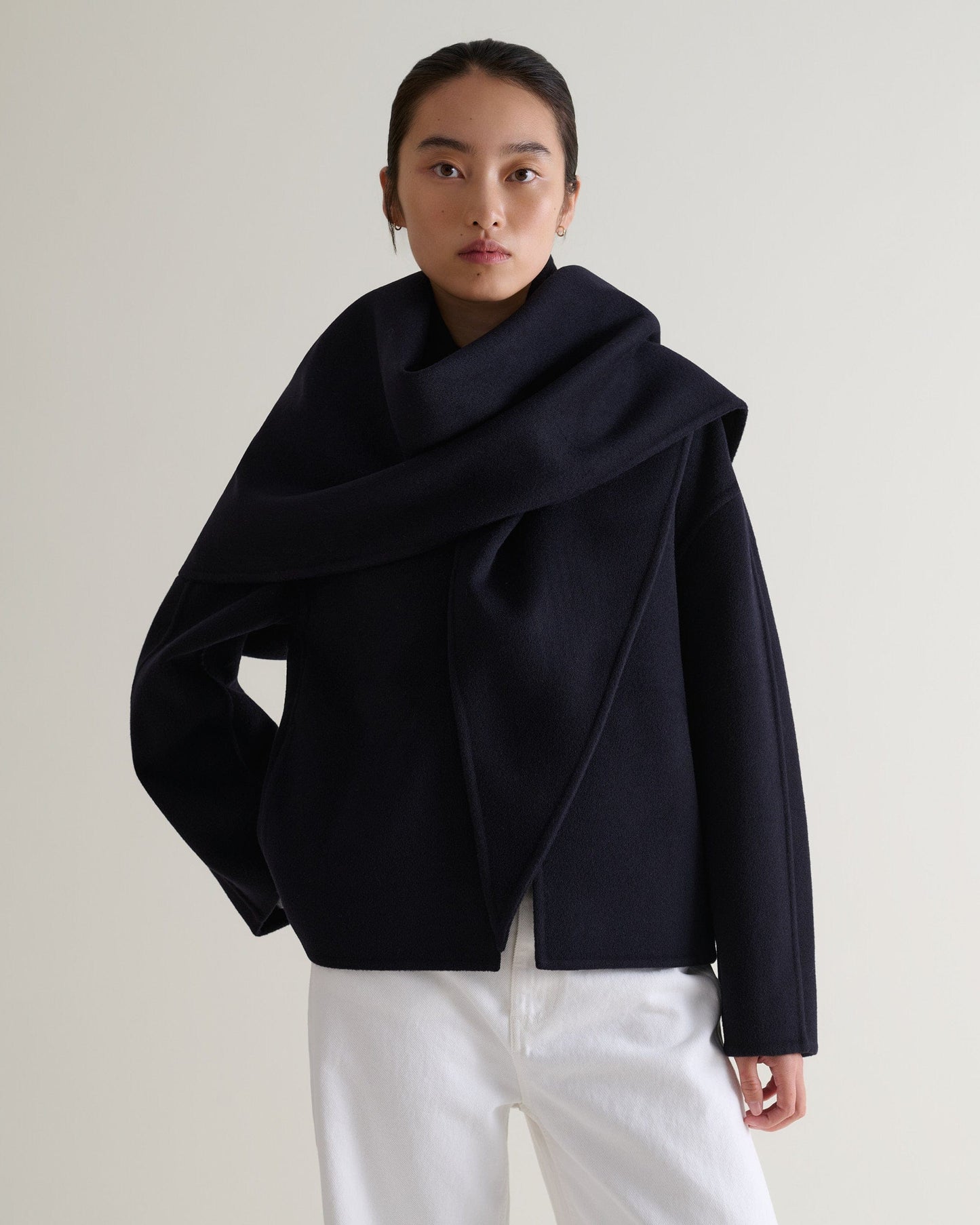 Women's Cashmere Wool Double Faced Scarf Jacket - Navy-[colour]-[size]-Rise &amp; Fall