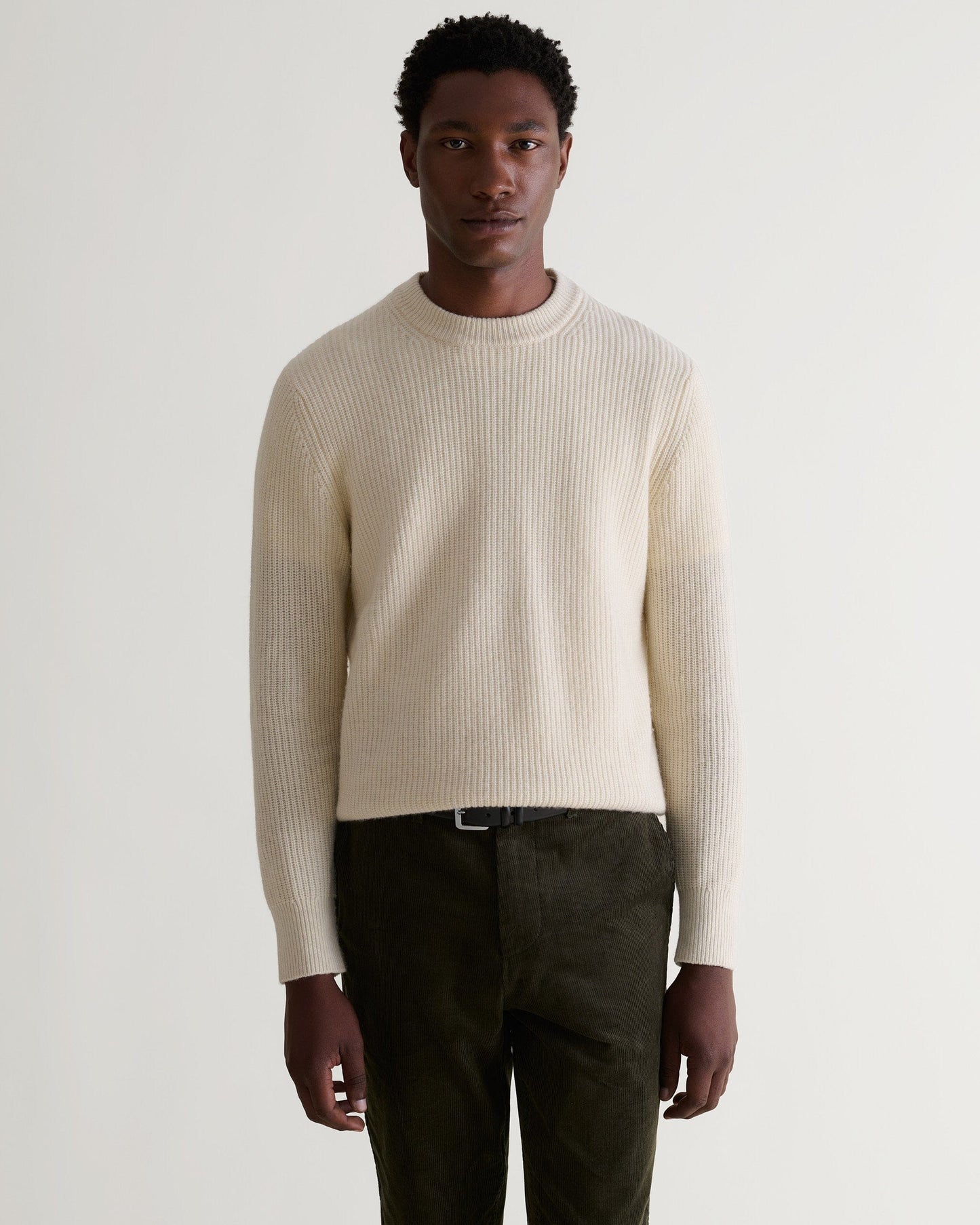 Men's Cashmere Merino Fishermans Rib Crew Neck Jumper - Buttermilk