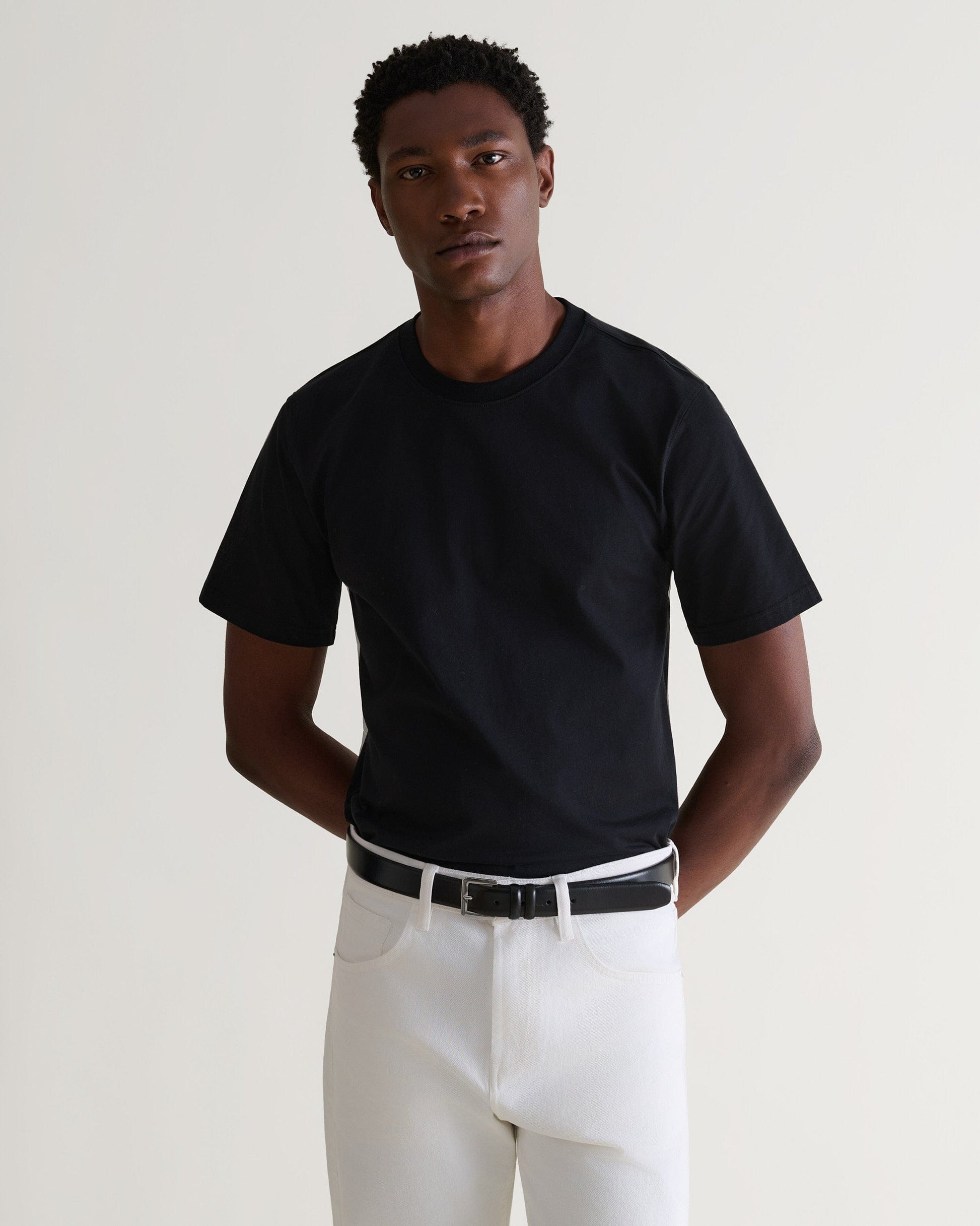 Men's Smooth Grain Silver Buckle Leather Belt - Black