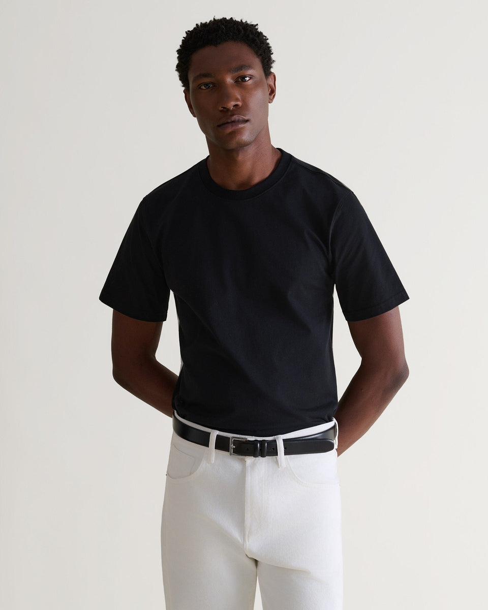 Men's Smooth Grain Silver Buckle Leather Belt - Black