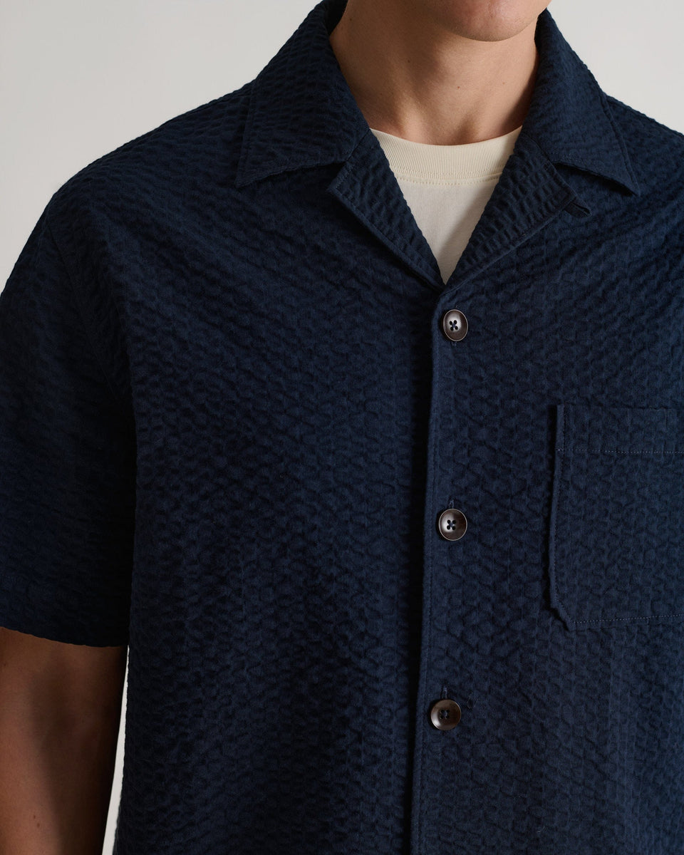 Men's Cotton Seersucker Cuban Collar Shirt - Indigo