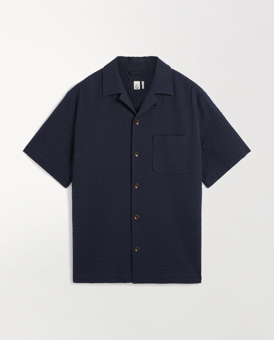Men's Cotton Seersucker Cuban Collar Shirt - Indigo