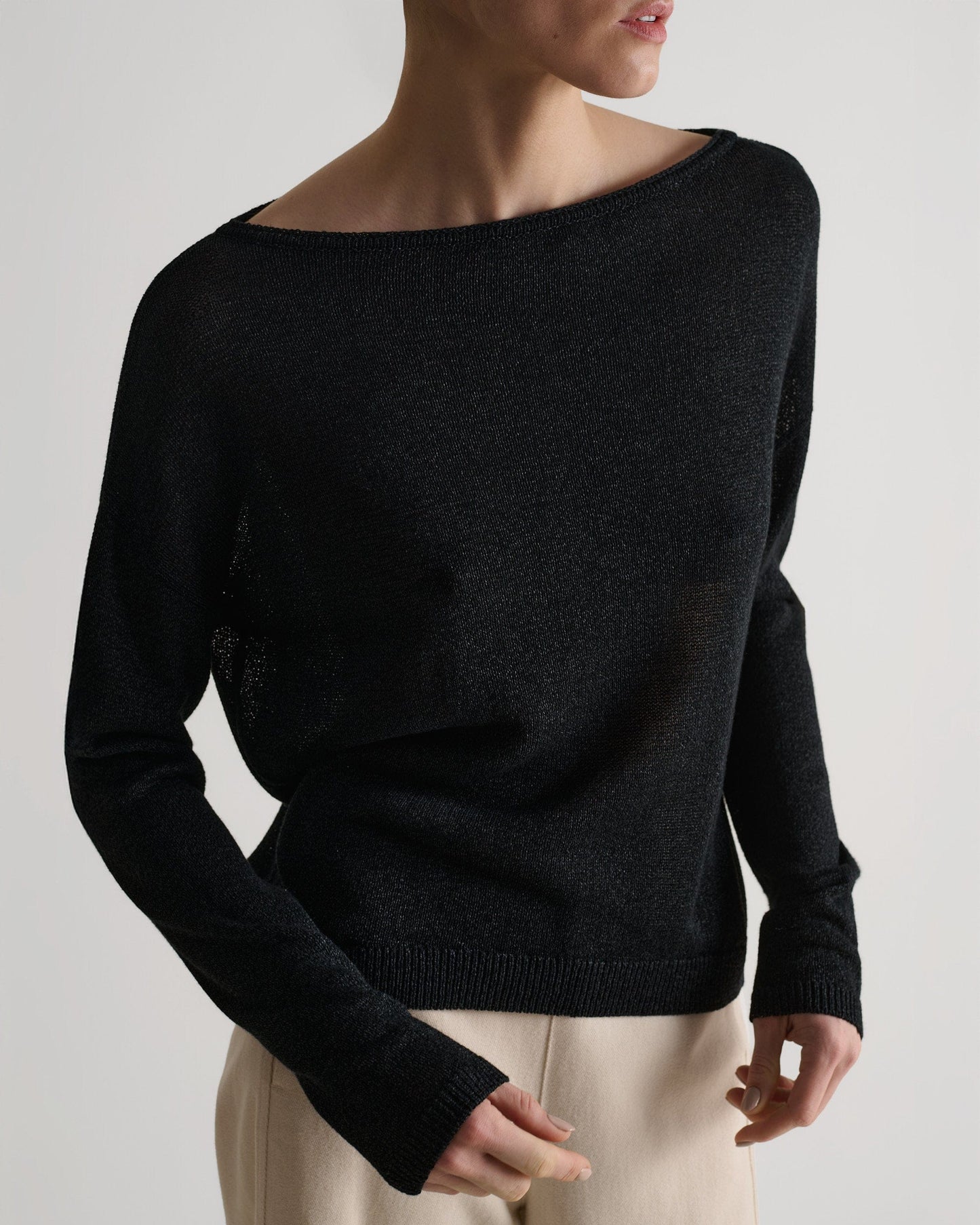 Women's Paper Yarn Slash Neck Jumper - Black